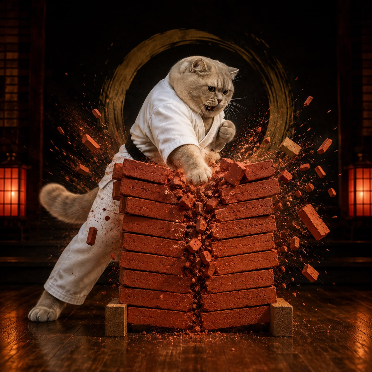 KAT breaking a brick wall with one karate strike